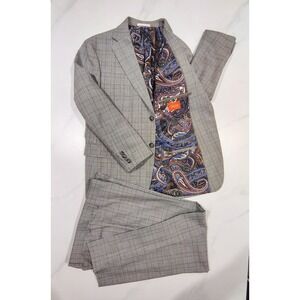 Tallia 2 Piece Suit Mens 44s Glen Plaid Houndstooth Gray Wool Blend 36x28.5